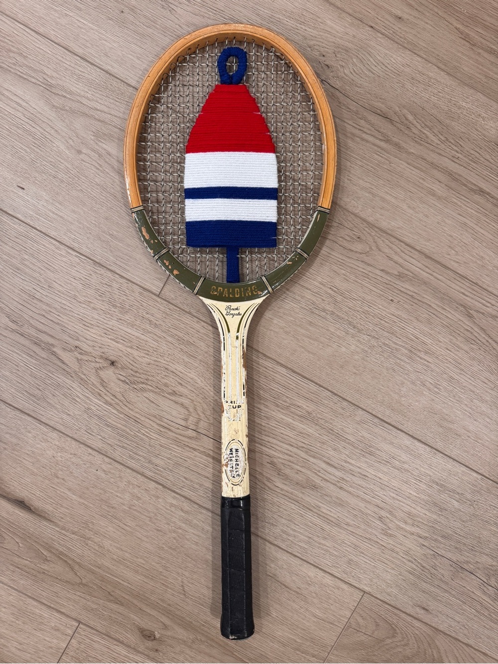 Vintage Wooden Tennis Racket Wall Accent with Red, White & Blue Buoy